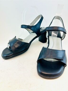 Beautifeel Black Leather Adjustable Strap Open Toe Sandals Heels, size 39 8 8.5